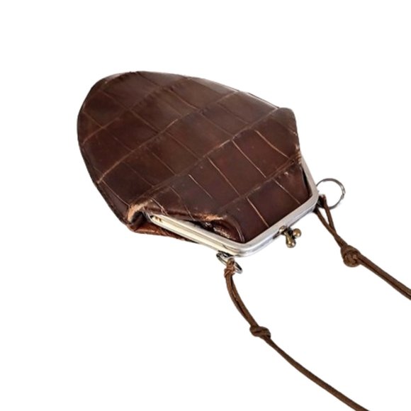 Antique Edwardian 1900s Teens Era Small Brown Real Crocodile Purse Bag Reticule - Picture 2 of 8